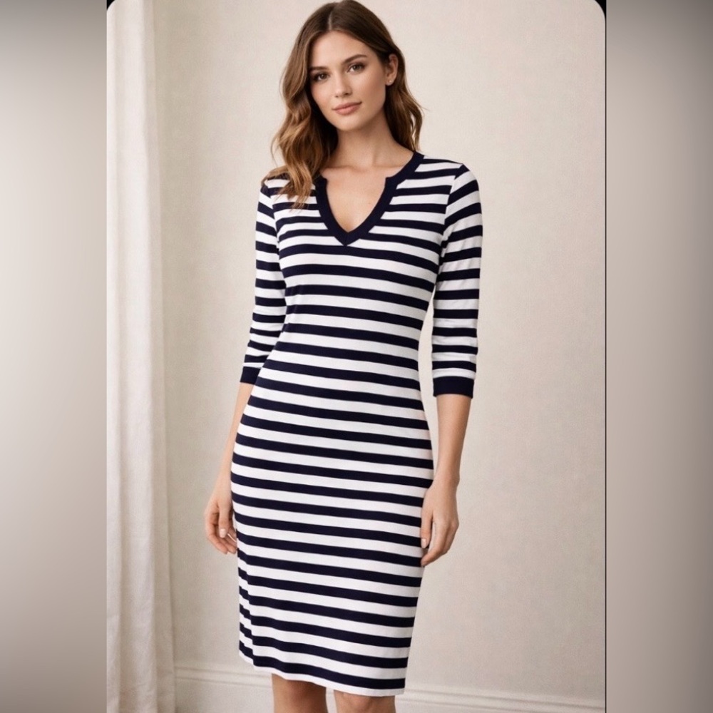 Brooks Brothers Navy and White Striped Long Sleeve Dress